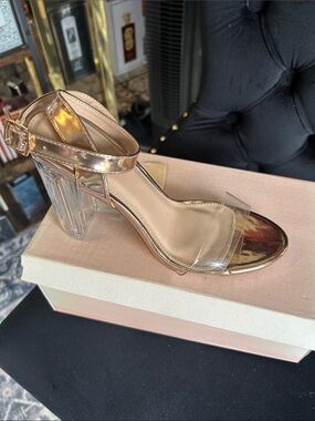 Clae Gold Metallic & Clear Block Heel Sandals